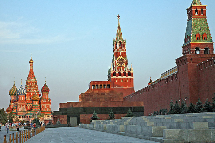 Red Square in Moscow with a view towards the southeast: Senate Tower, Lenin's Mausoleum, Spassky Tower and St. Basil's Cathedral